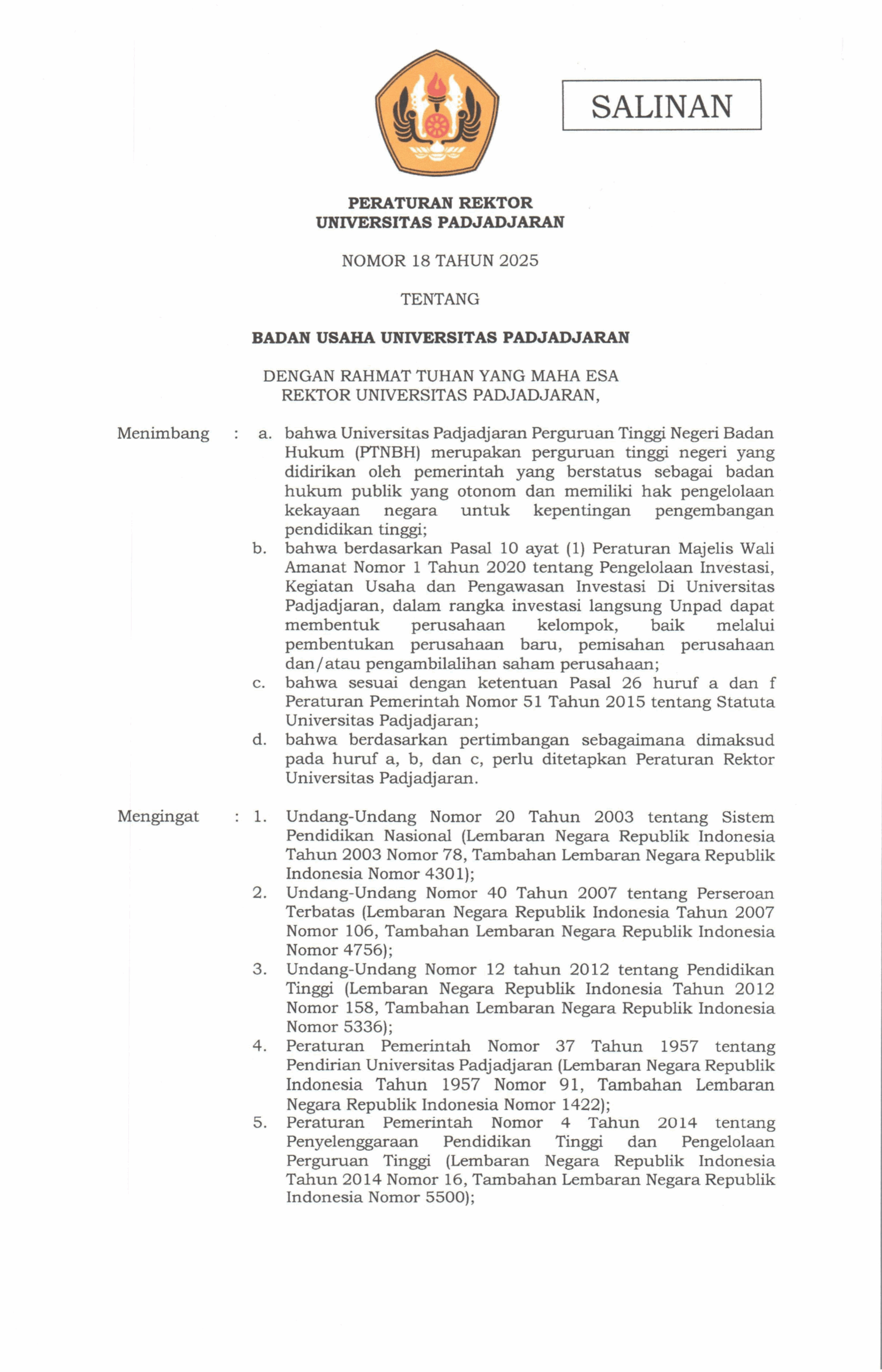 PERATURAN REKTOR - BADAN USAHA