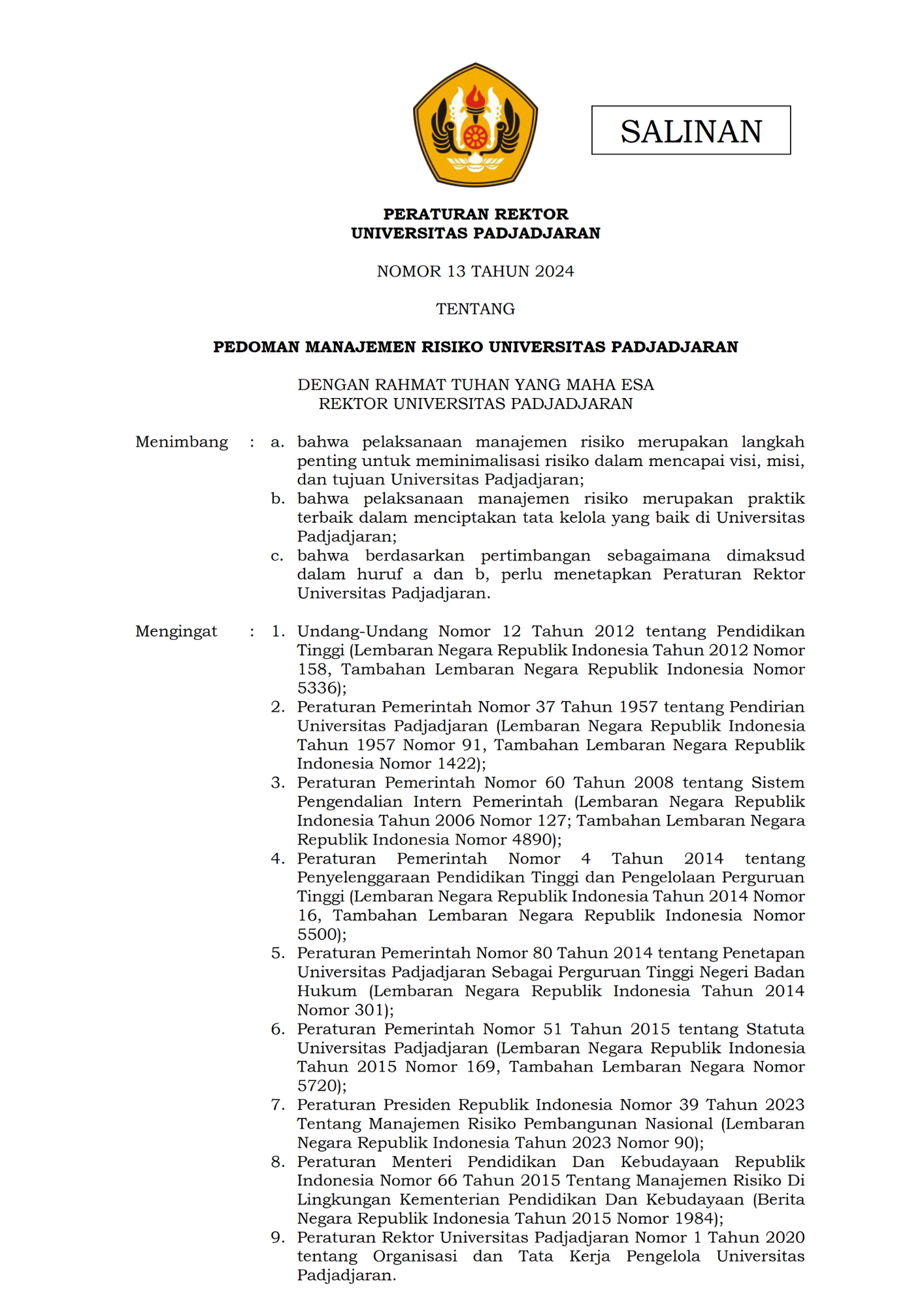 PERATURAN REKTOR - PEDOMAN MANAJEMEN RISIKO