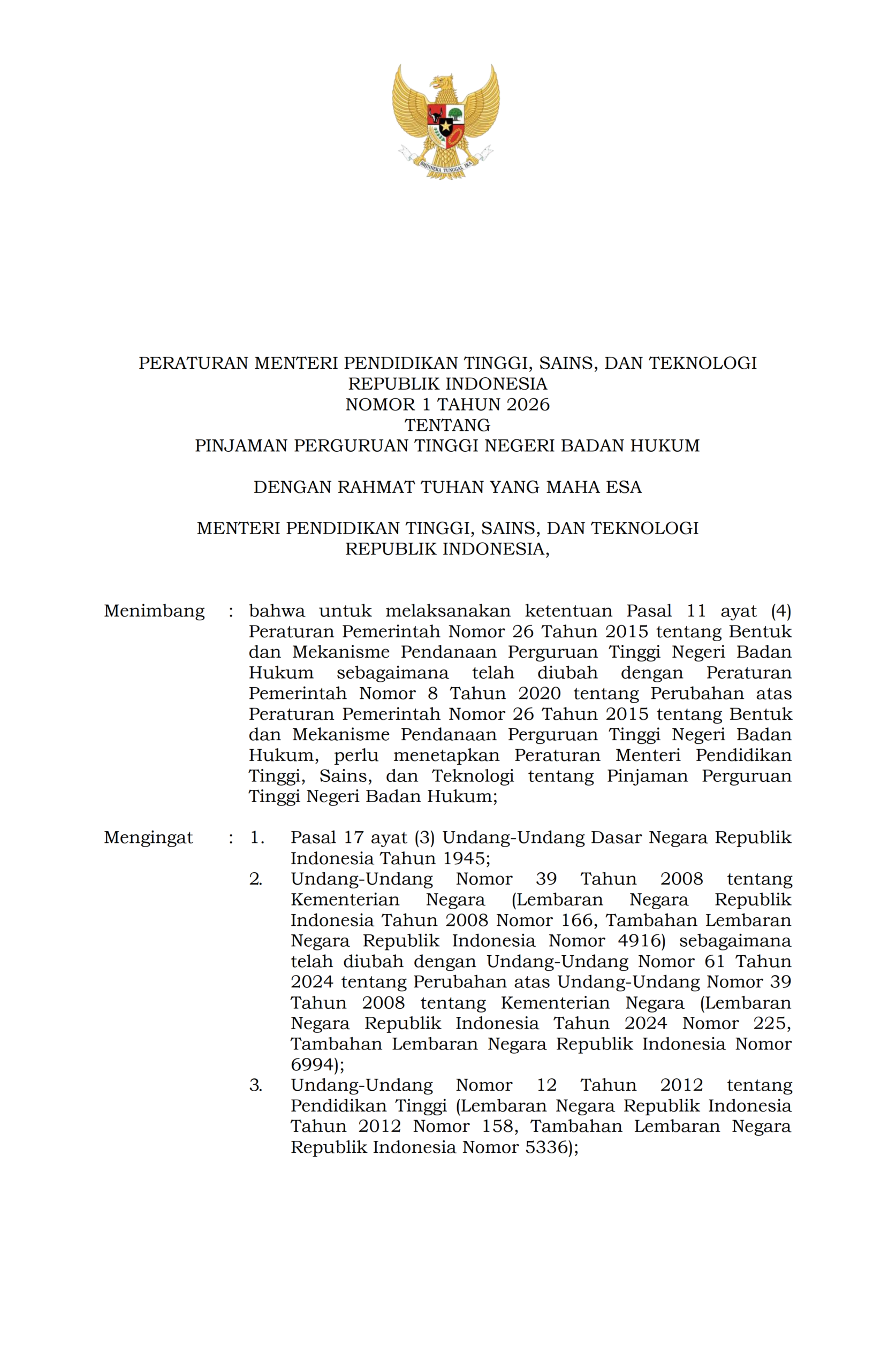 Permendiktisaintek No.1/2026 tentang Pinjaman Perguruan Tinggi Badan Hukum (PTNBH)