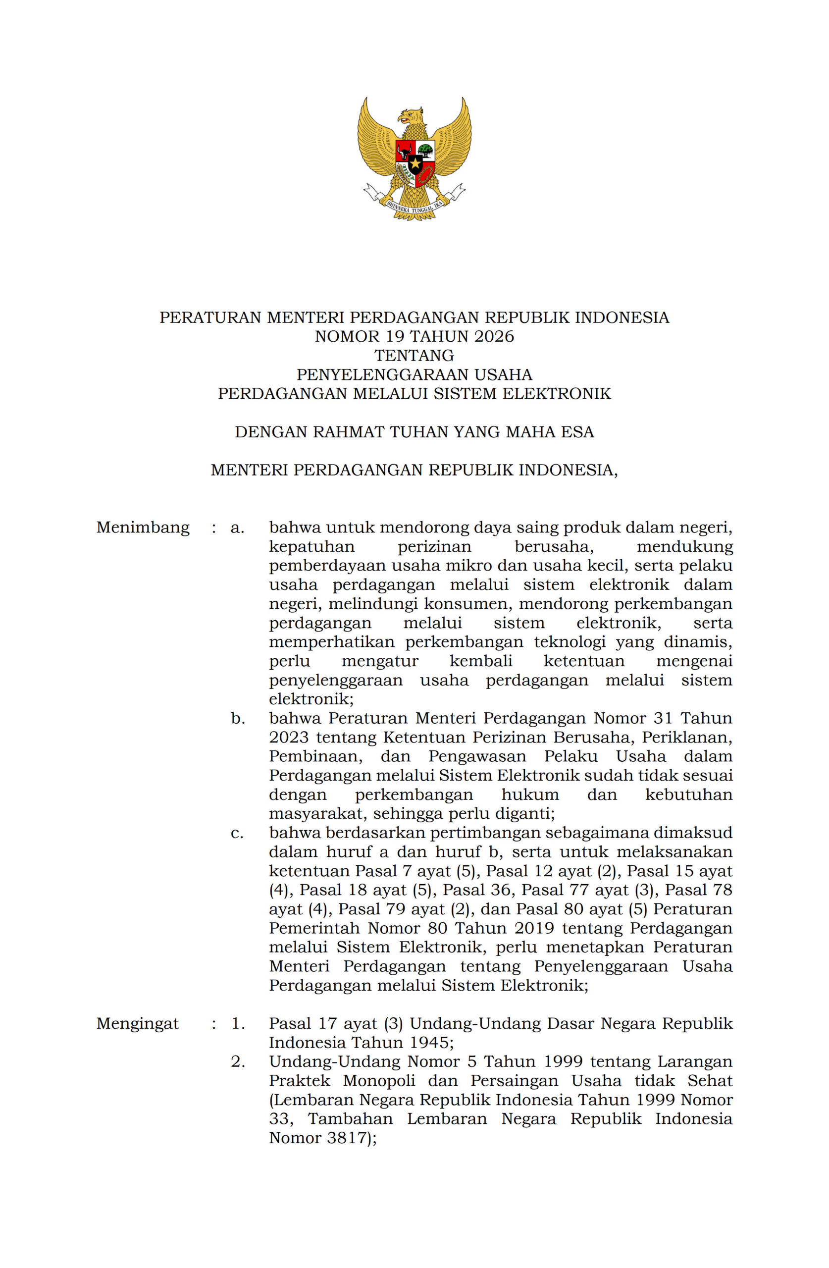 Peraturan Menteri Perdagangan (Permendag) No. 19 Tahun 2026 tentang Penyelenggaraan Usaha Perdagangan Melalui Sistem Elektronik (PMSE)