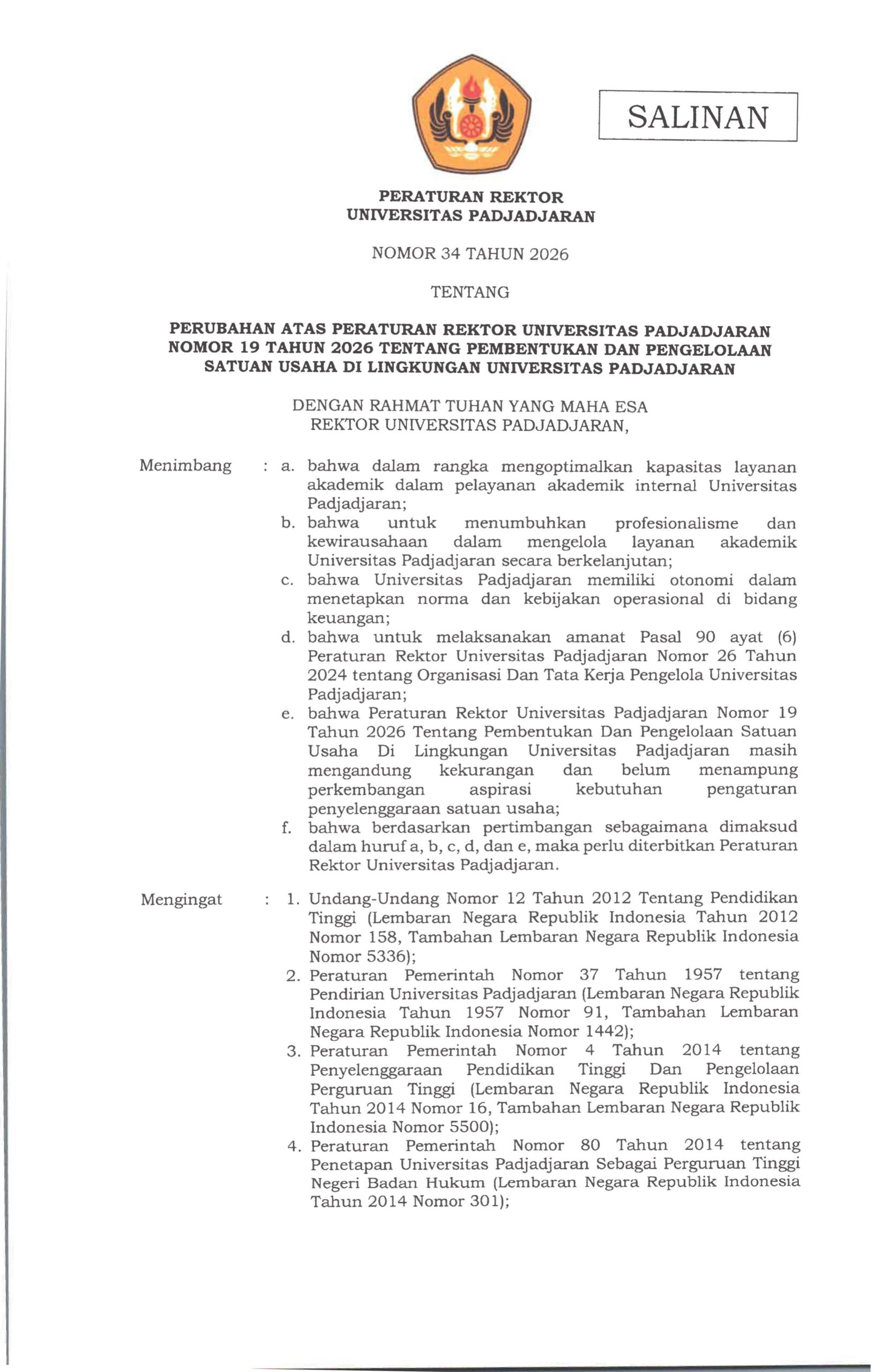 PERUBAHAN PERATURAN REKTOR - SATUAN USAHA
