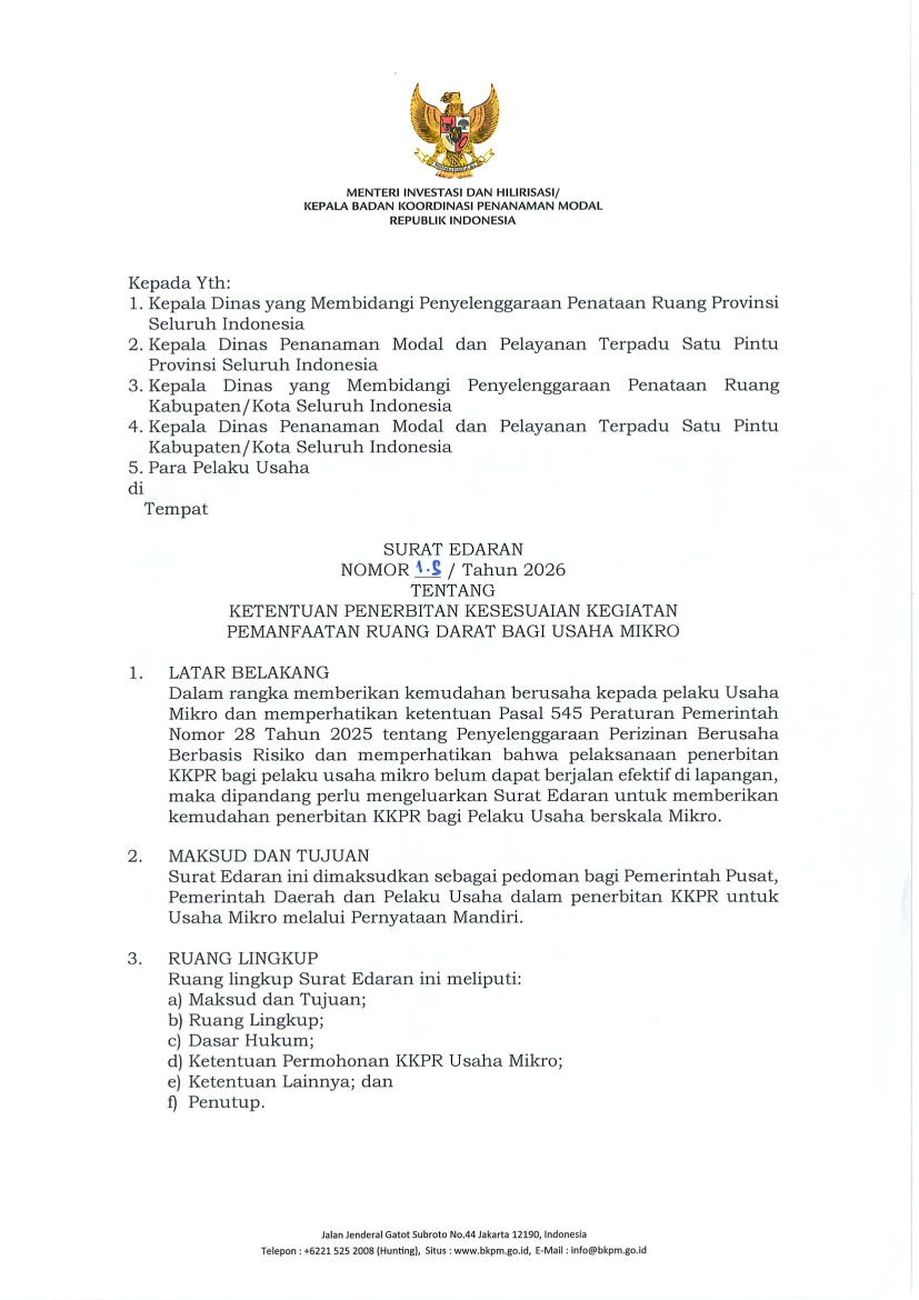 Surat Edaran BKPM tentang Ketentuan Penerbitan Kesesuaian Kegiatan Pemanfaatan Ruang Darat bagi Usaha Mikro